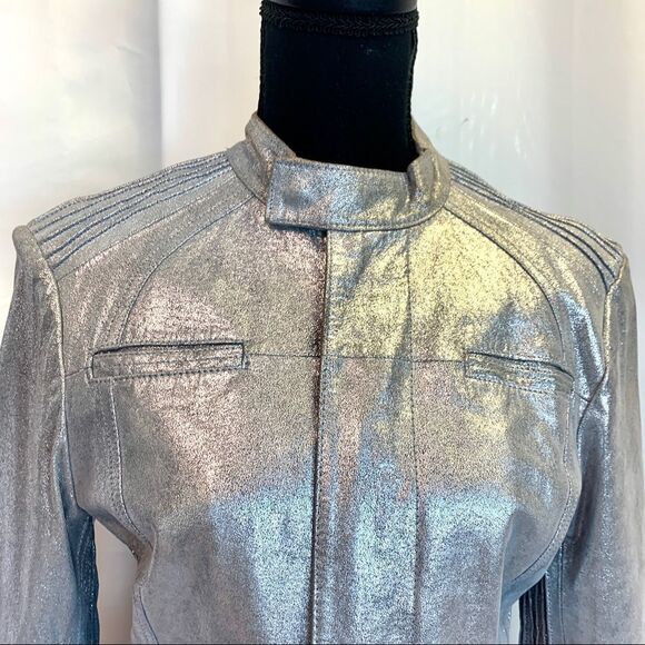 Bebe metallic silver crackled Leather Moto jacket Sz M - Picture 5 of 16